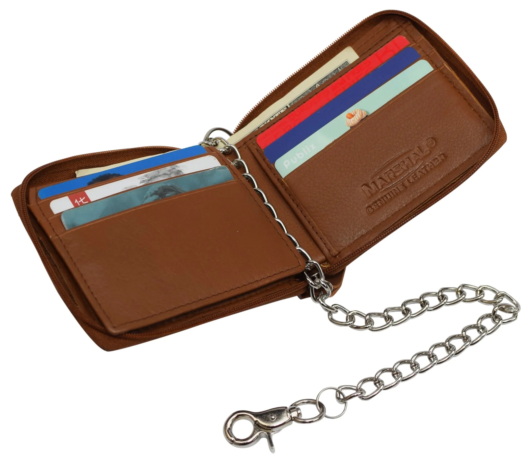 Men's Zipper RFID Blocking Premium Leather Zip-Around ID Bifold Biker Chain Wallet