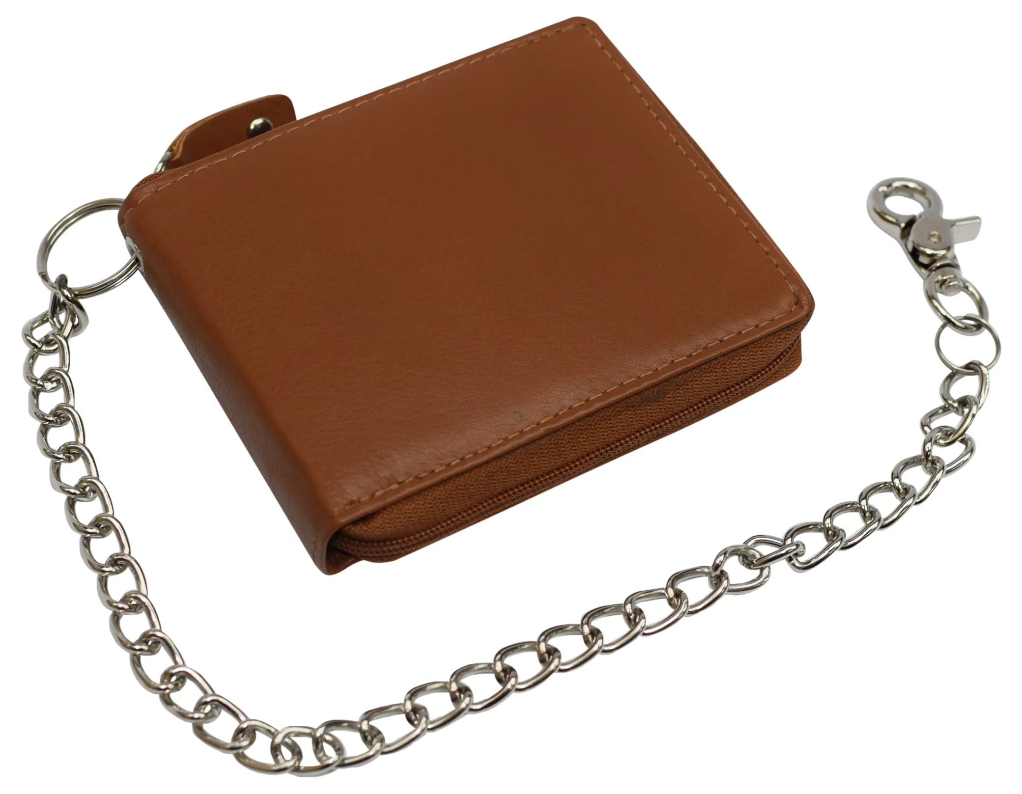 Men's Zipper RFID Blocking Premium Leather Zip-Around ID Bifold Biker Chain Wallet