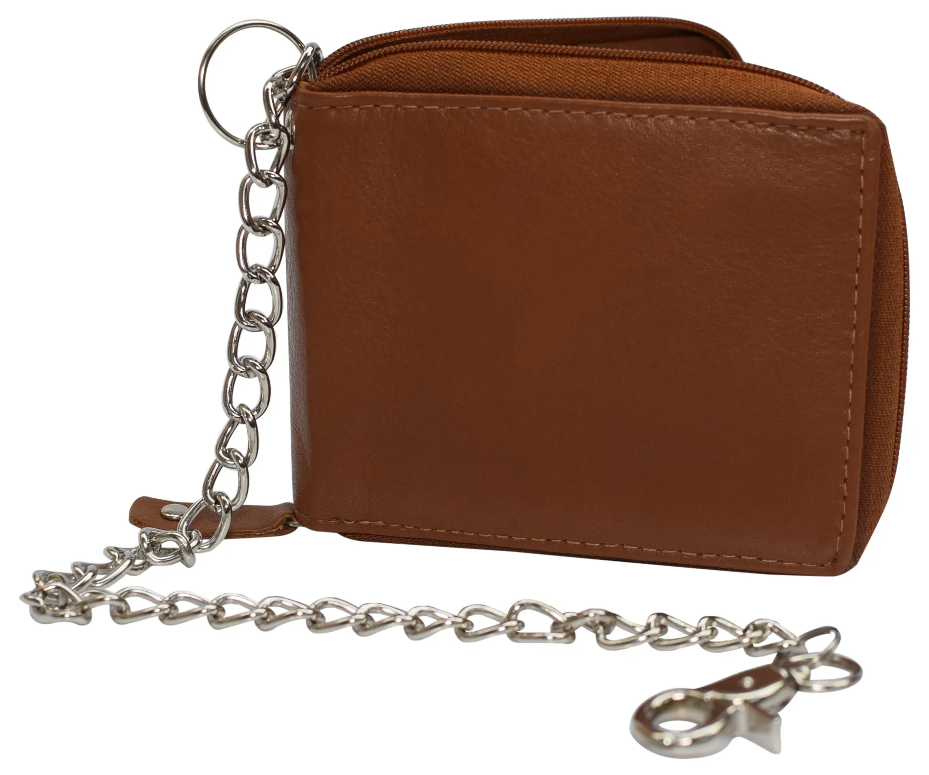 Men's Zipper RFID Blocking Premium Leather Zip-Around ID Bifold Biker Chain Wallet