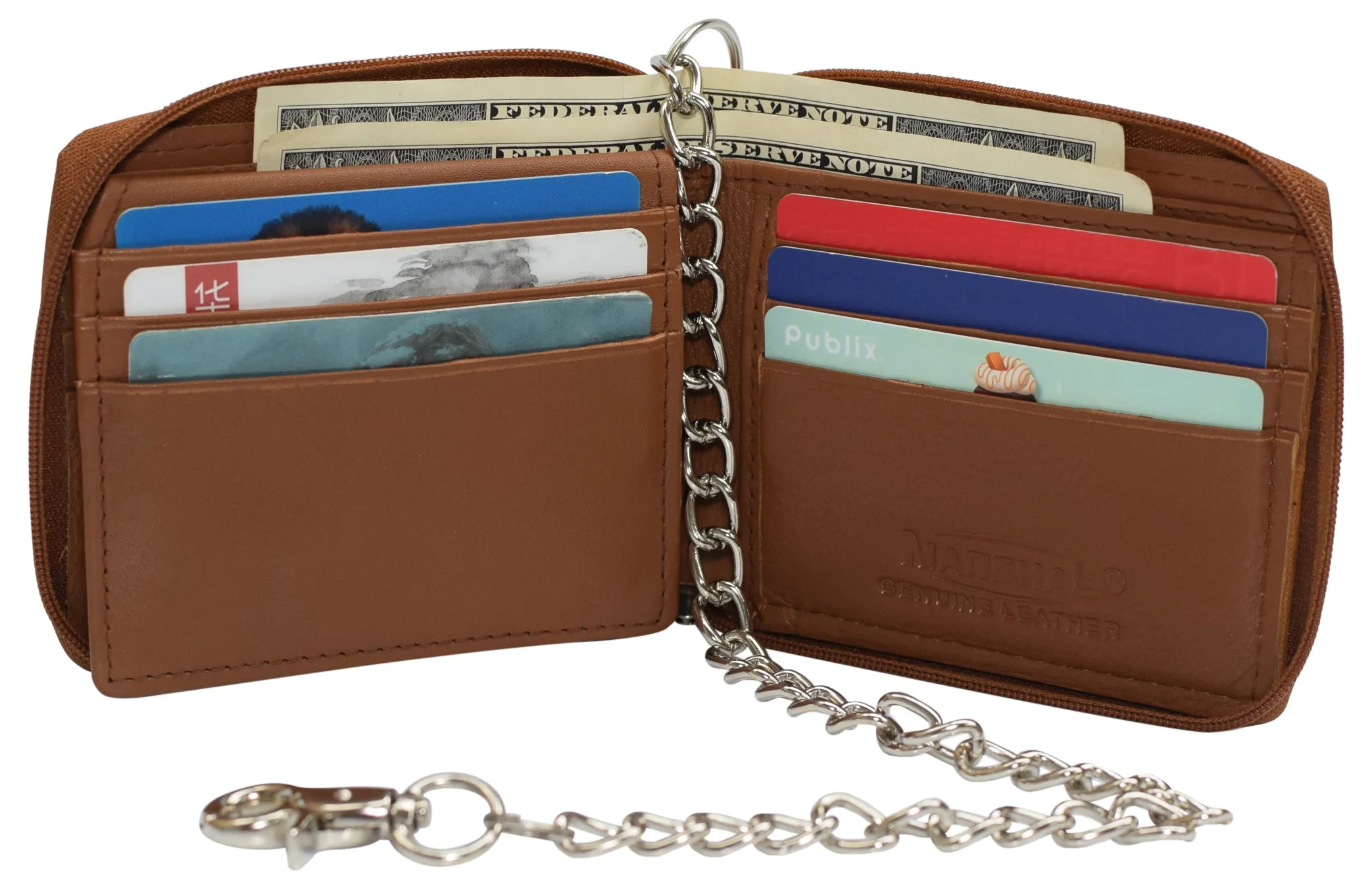 Men's Zipper RFID Blocking Premium Leather Zip-Around ID Bifold Biker Chain Wallet