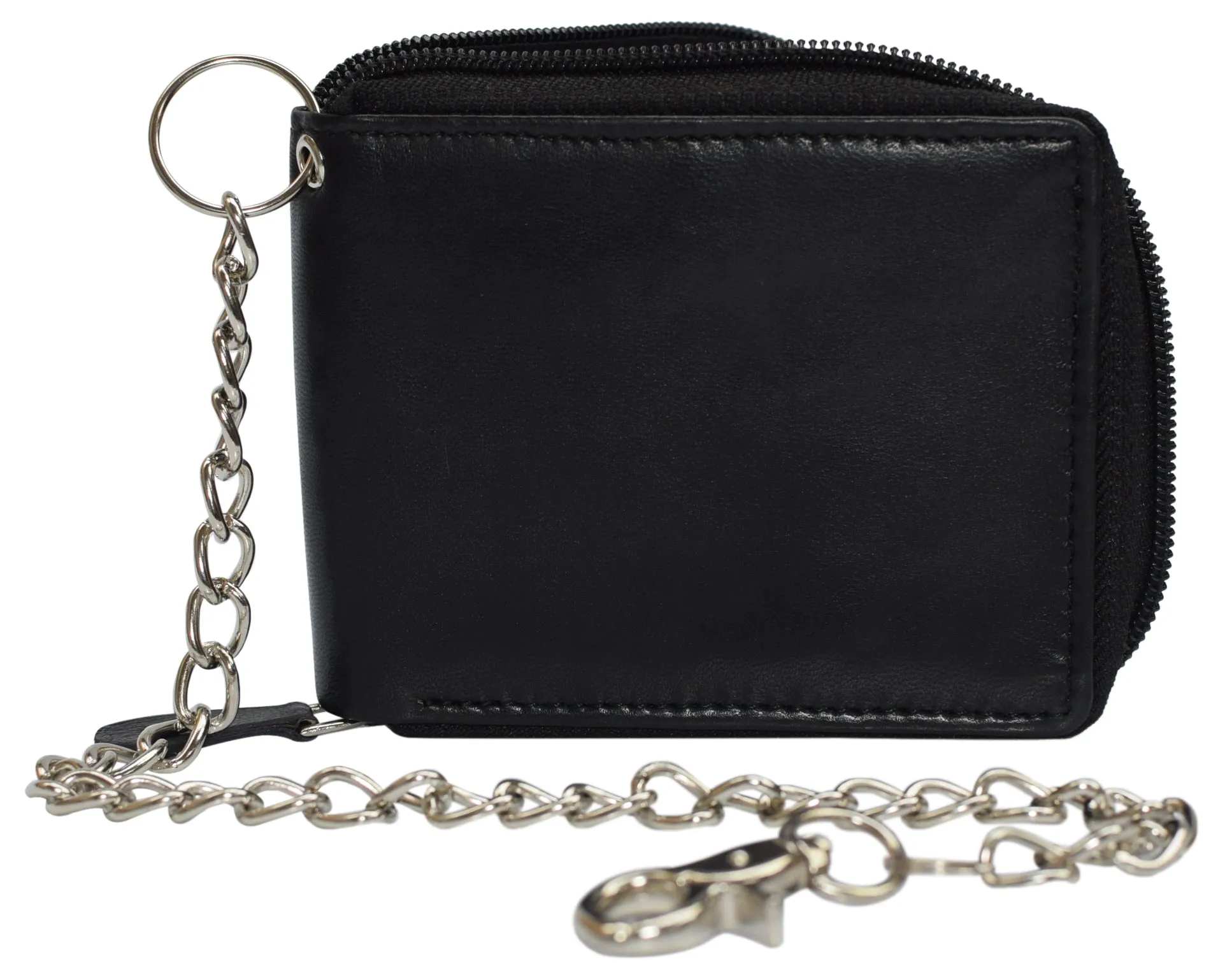 Men's Zipper RFID Blocking Premium Leather Zip-Around ID Bifold Biker Chain Wallet