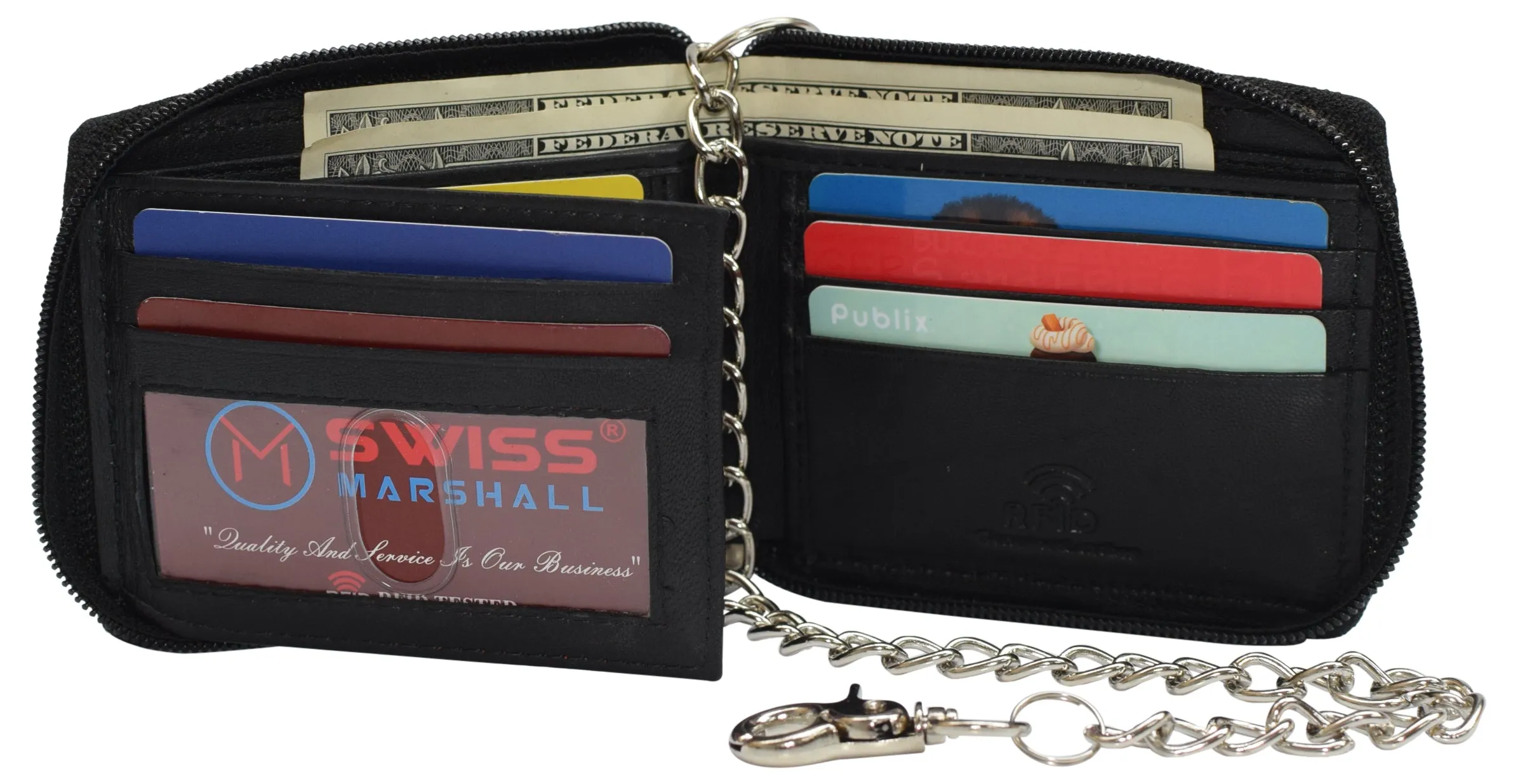 Men's Zipper RFID Blocking Premium Leather Zip-Around ID Bifold Biker Chain Wallet