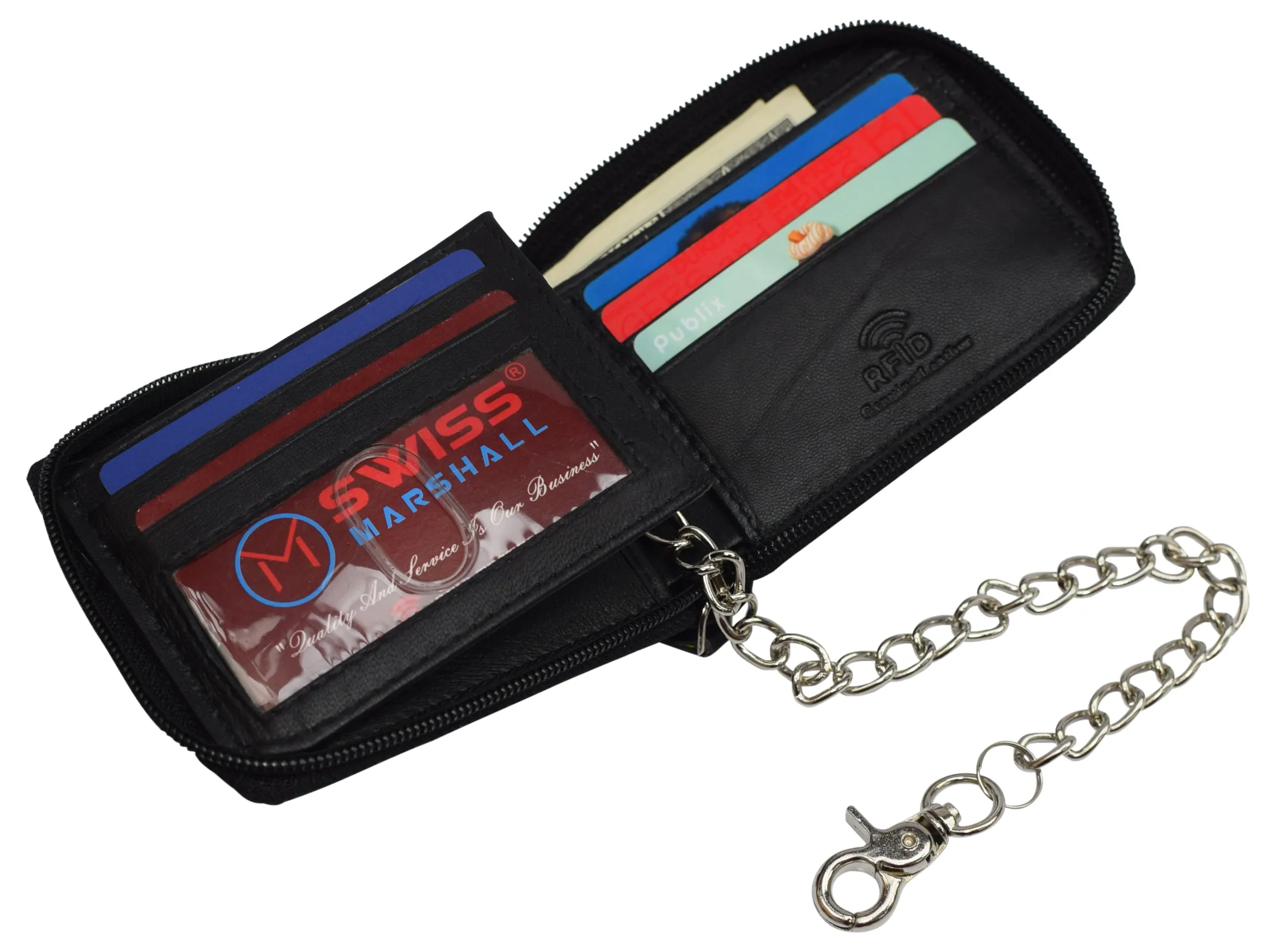Men's Zipper RFID Blocking Premium Leather Zip-Around ID Bifold Biker Chain Wallet