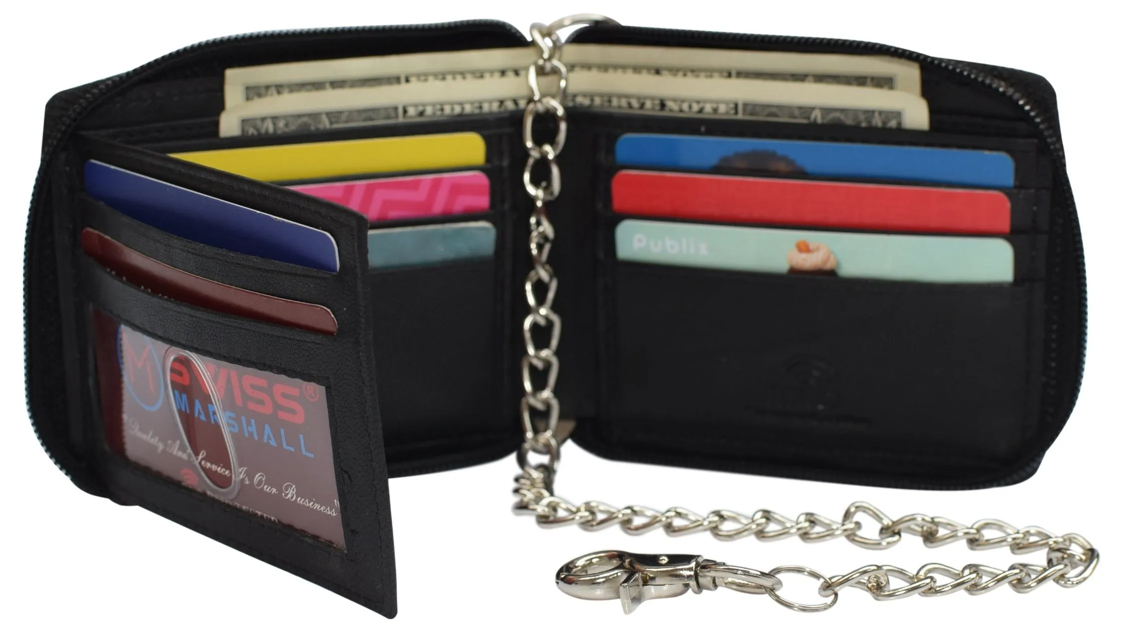 Men's Zipper RFID Blocking Premium Leather Zip-Around ID Bifold Biker Chain Wallet