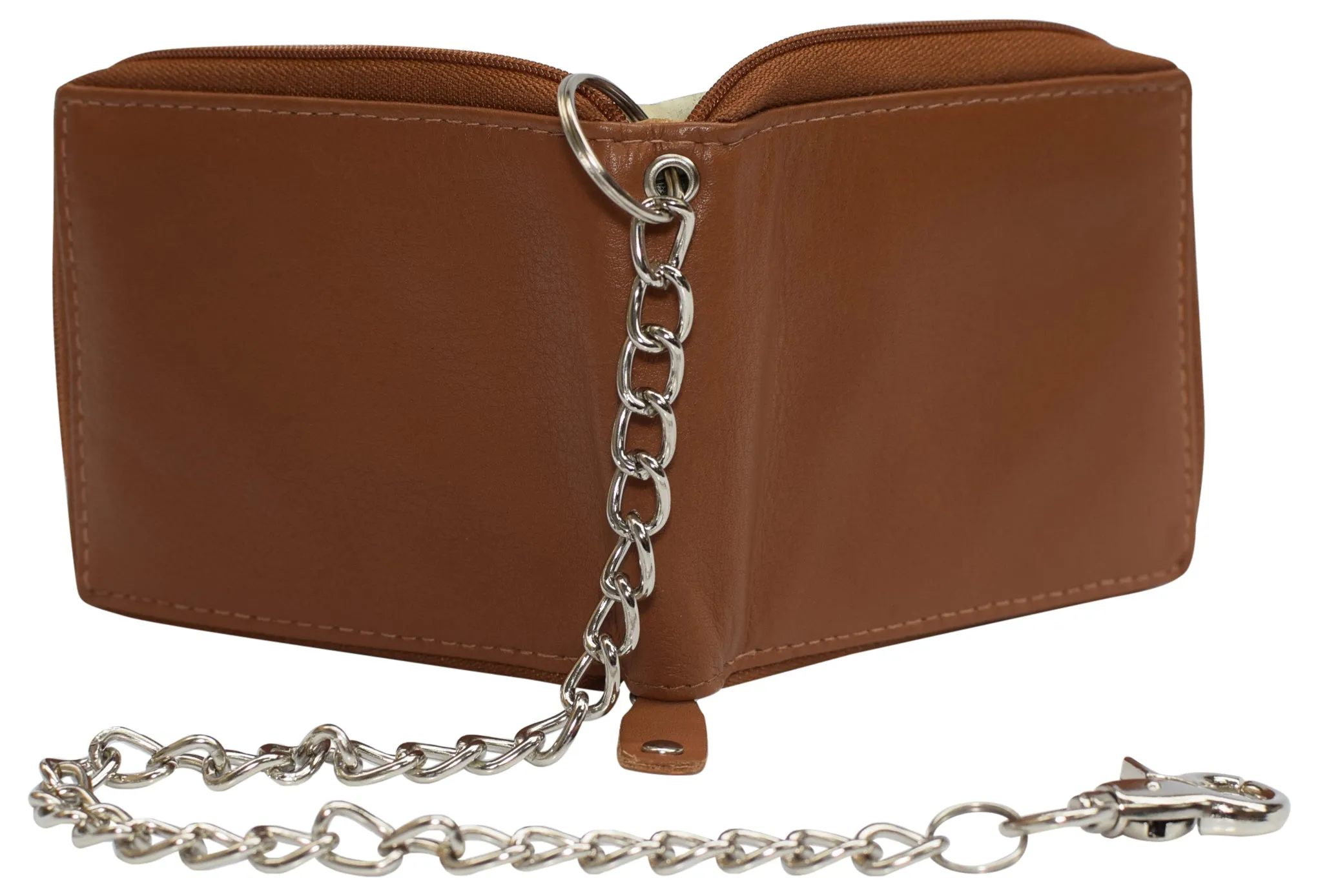 Men's Zipper RFID Blocking Premium Leather Zip-Around ID Bifold Biker Chain Wallet