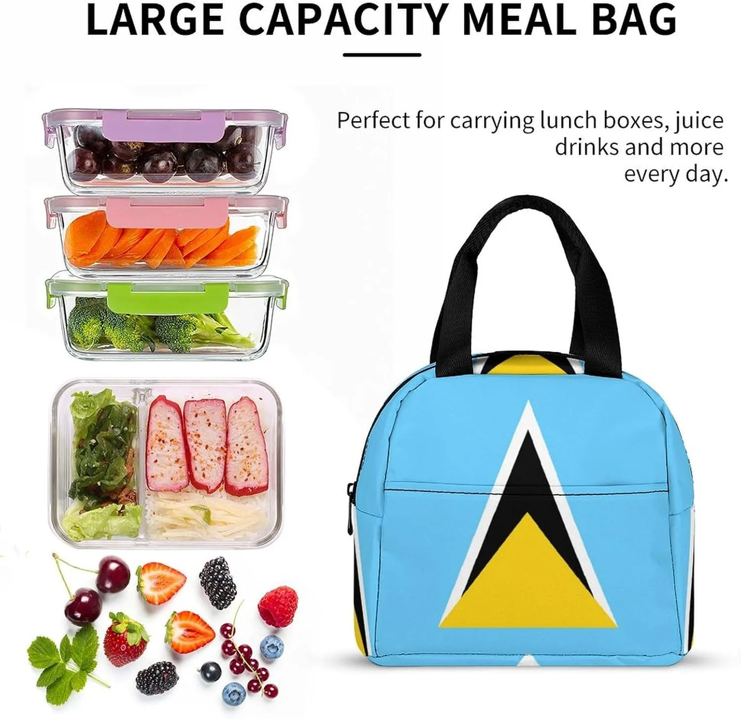 National Flag of Saint Lucia Cute Lunch Bags for Men And Women, Large Capacity Lunch Tote Bags with Adjustable Shoulder Straps, Reusable Insulated Lunch Boxes