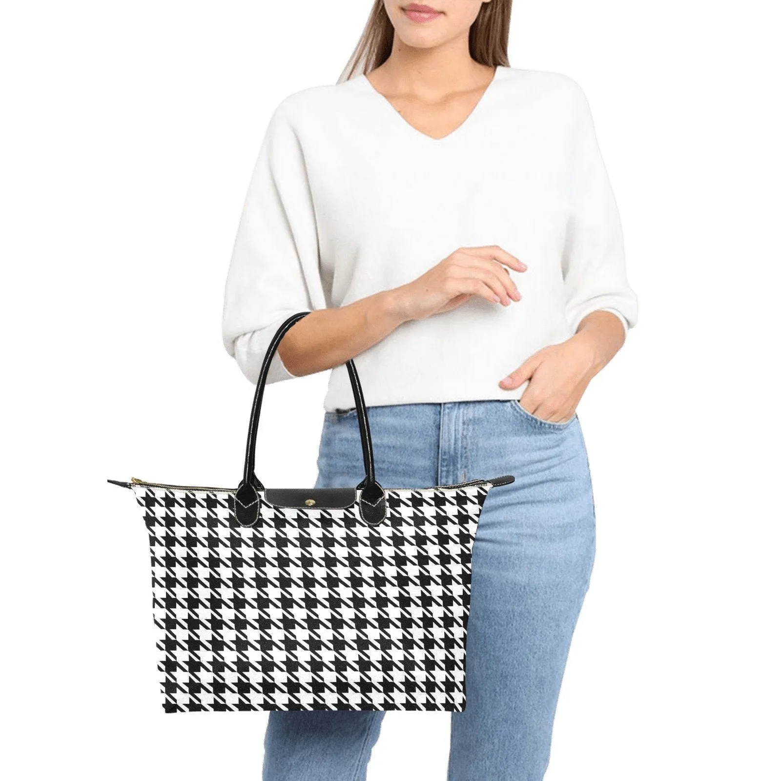 Nylon Tote-Classic Black and White Houndstooth