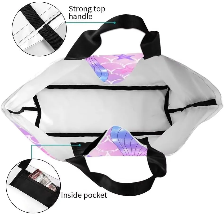 Pink Mermaid Gym Tote Bags for Women,Cute Ocean Mermaid Purse Print Shoulder Reusable Shopping Handbags Casual Travel Work Daily Waterproof Summer Grocery Bag Holiday Gifts -Large