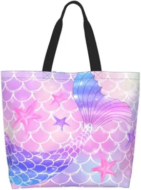 Pink Mermaid Gym Tote Bags for Women,Cute Ocean Mermaid Purse Print Shoulder Reusable Shopping Handbags Casual Travel Work Daily Waterproof Summer Grocery Bag Holiday Gifts -Large