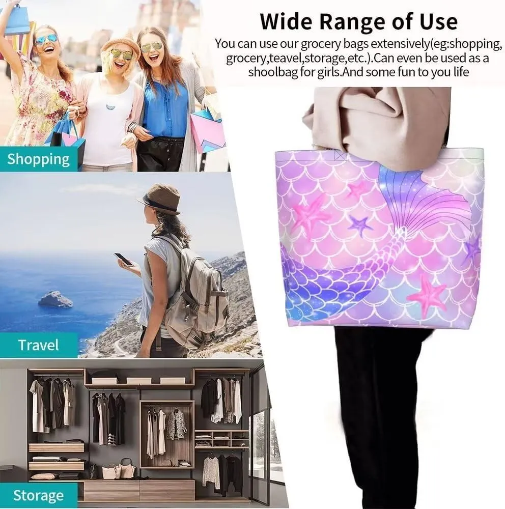 Pink Mermaid Gym Tote Bags for Women,Cute Ocean Mermaid Purse Print Shoulder Reusable Shopping Handbags Casual Travel Work Daily Waterproof Summer Grocery Bag Holiday Gifts -Large