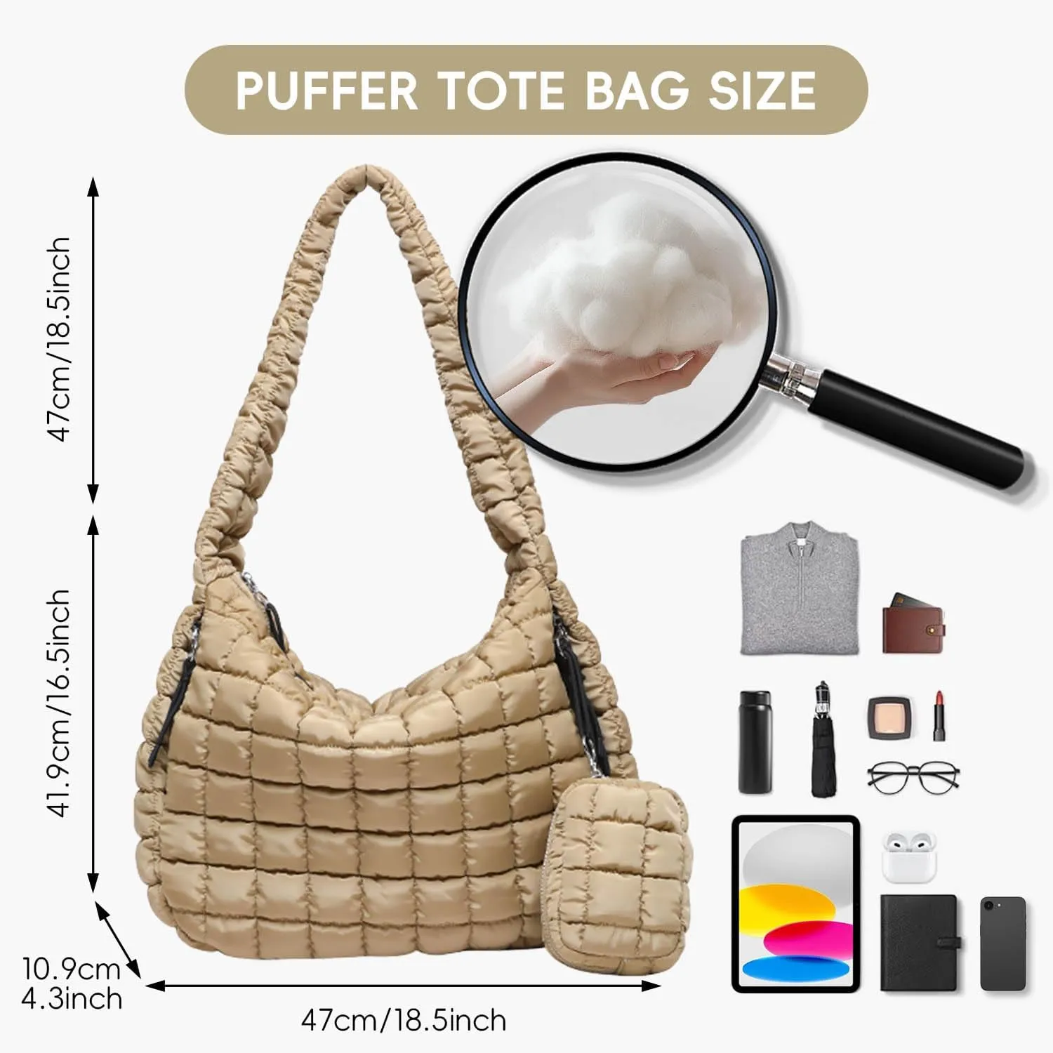 Puffer Tote Bag for Women, Large Quilted Puffer Bag with Pouch, Puffy Quilted Hobo Bag, Puff Crossbody Purse
