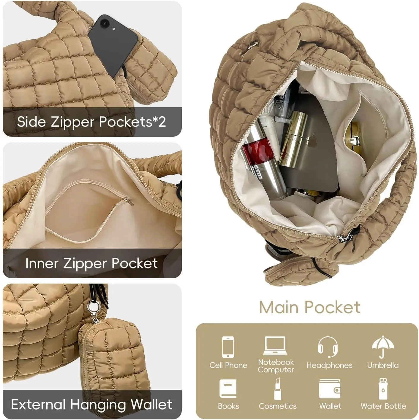 Puffer Tote Bag for Women, Large Quilted Puffer Bag with Pouch, Puffy Quilted Hobo Bag, Puff Crossbody Purse