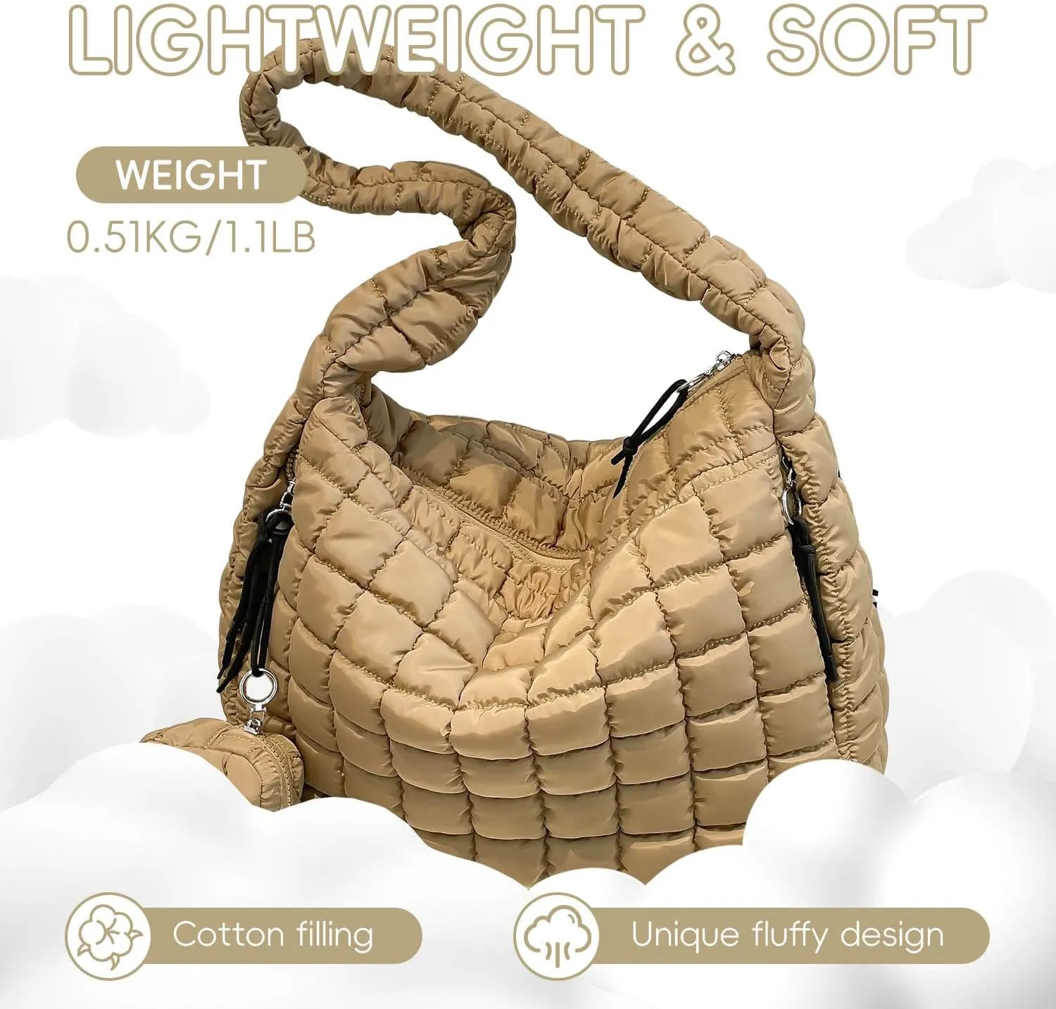 Puffer Tote Bag for Women, Large Quilted Puffer Bag with Pouch, Puffy Quilted Hobo Bag, Puff Crossbody Purse