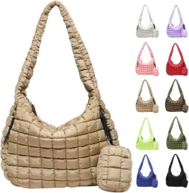 Puffer Tote Bag for Women, Large Quilted Puffer Bag with Pouch, Puffy Quilted Hobo Bag, Puff Crossbody Purse