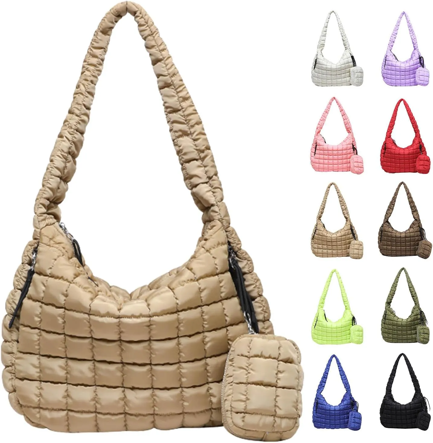 Puffer Tote Bag for Women, Large Quilted Puffer Bag with Pouch, Puffy Quilted Hobo Bag, Puff Crossbody Purse