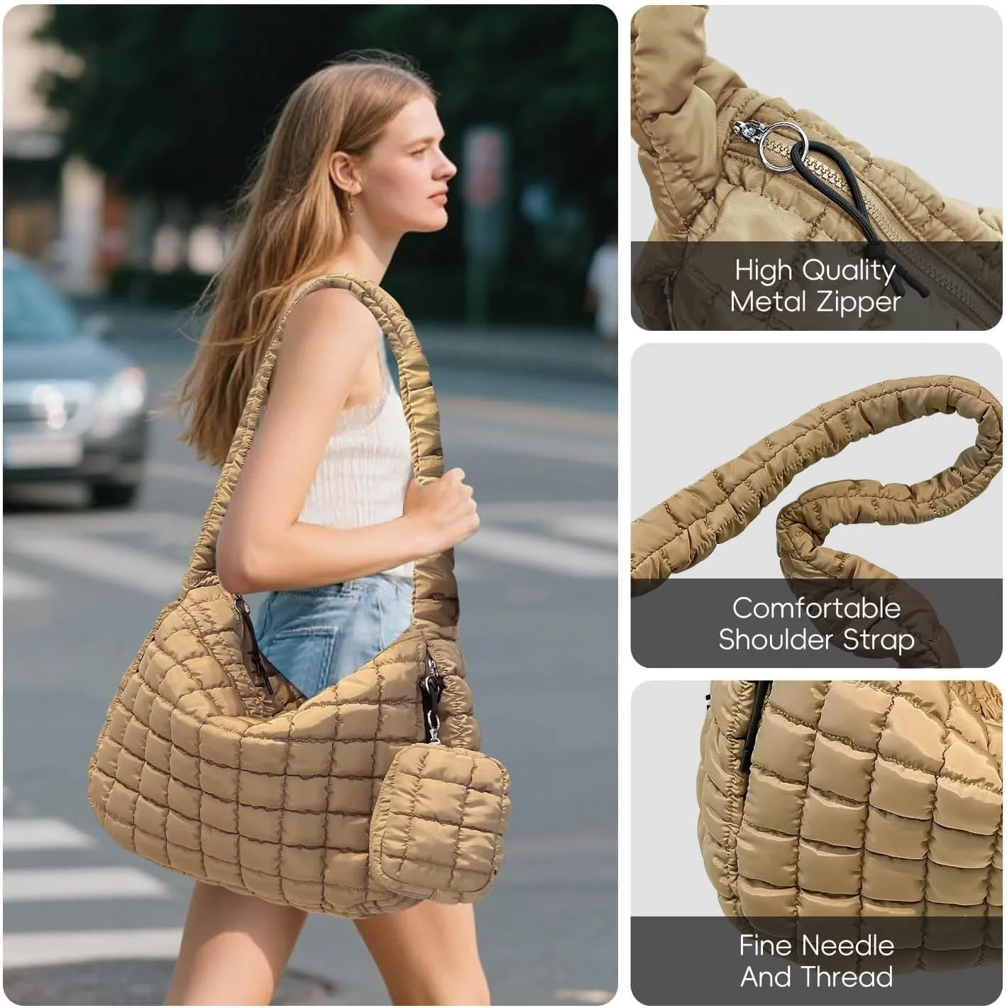 Puffer Tote Bag for Women, Large Quilted Puffer Bag with Pouch, Puffy Quilted Hobo Bag, Puff Crossbody Purse