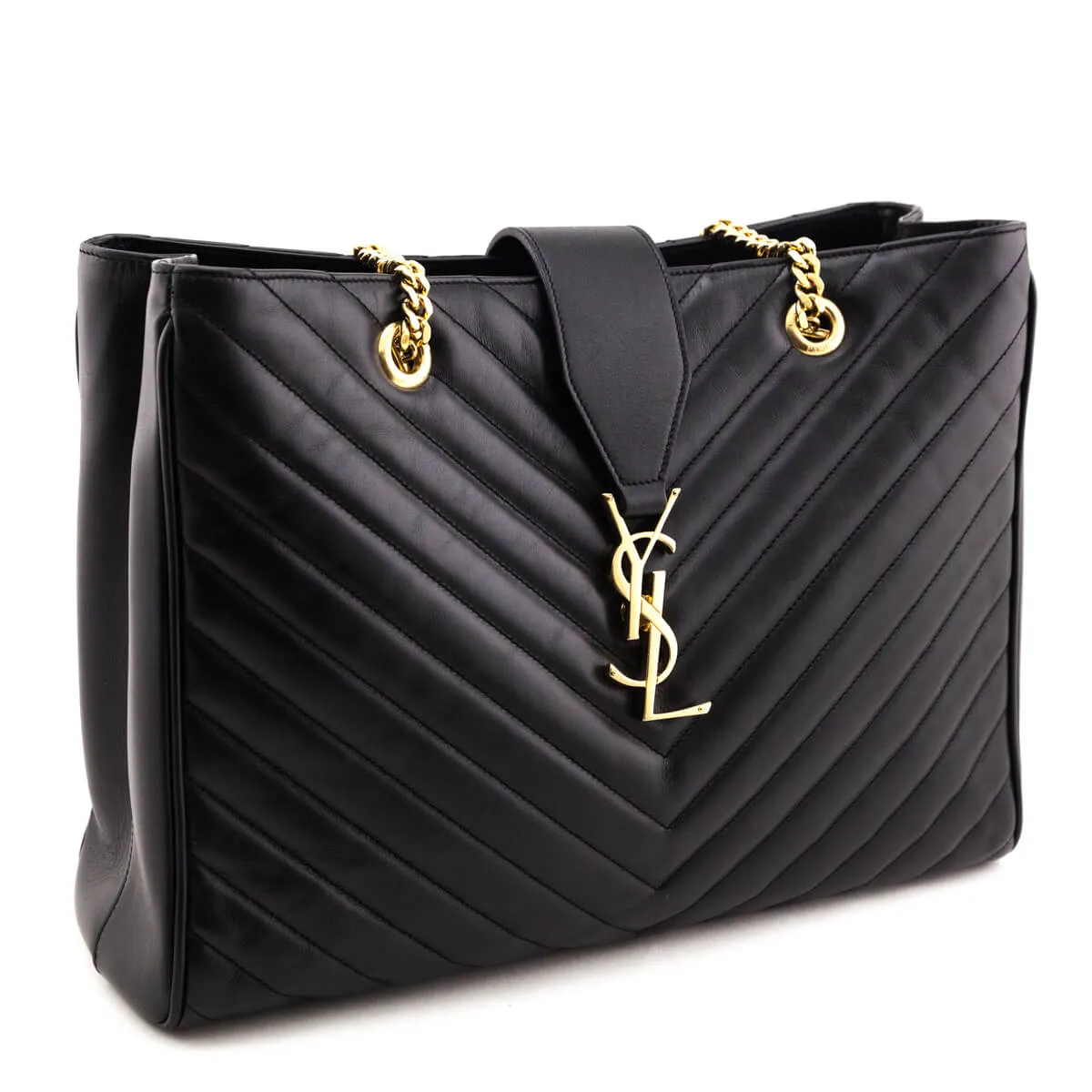 Saint Laurent Black Matelasse Chevron Large Shopping Bag