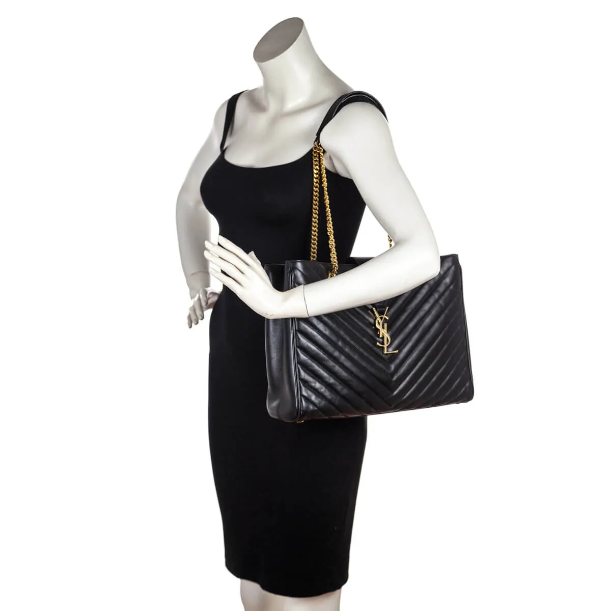 Saint Laurent Black Matelasse Chevron Large Shopping Bag