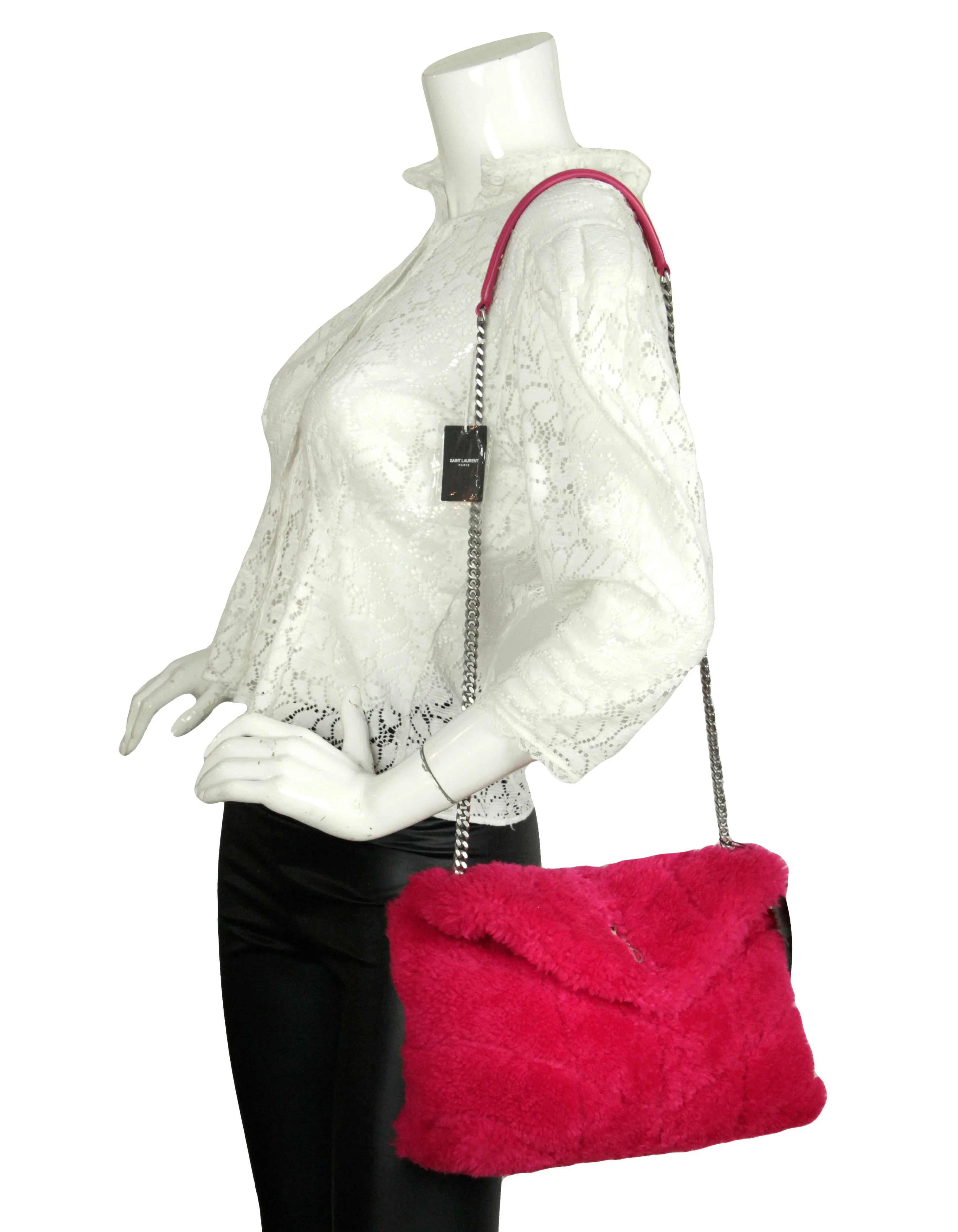 Saint Laurent NWT Hot Pink Shearling Small Loulou Puffer Bag
