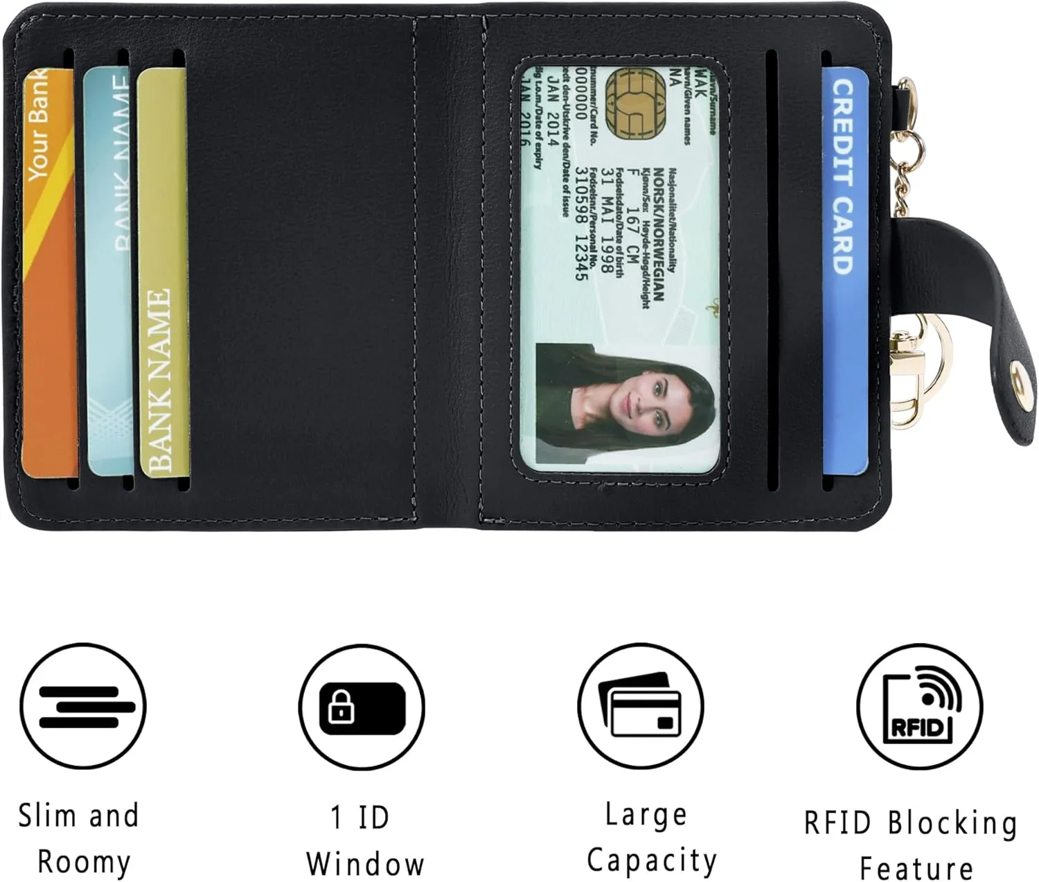 Small Wallets Woman RFID Blocking Leather Credit Card Holder - with ID Window - Card Wallets for Women - with Zipper Coin Purse - Keychain Wallet