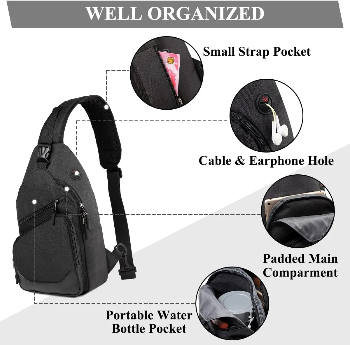 VASCHY Sling Bag for Men Women, One Strap Over the Shoulder Cross Body Backpack Chest Bag for Hiking/Travel/Outdoor