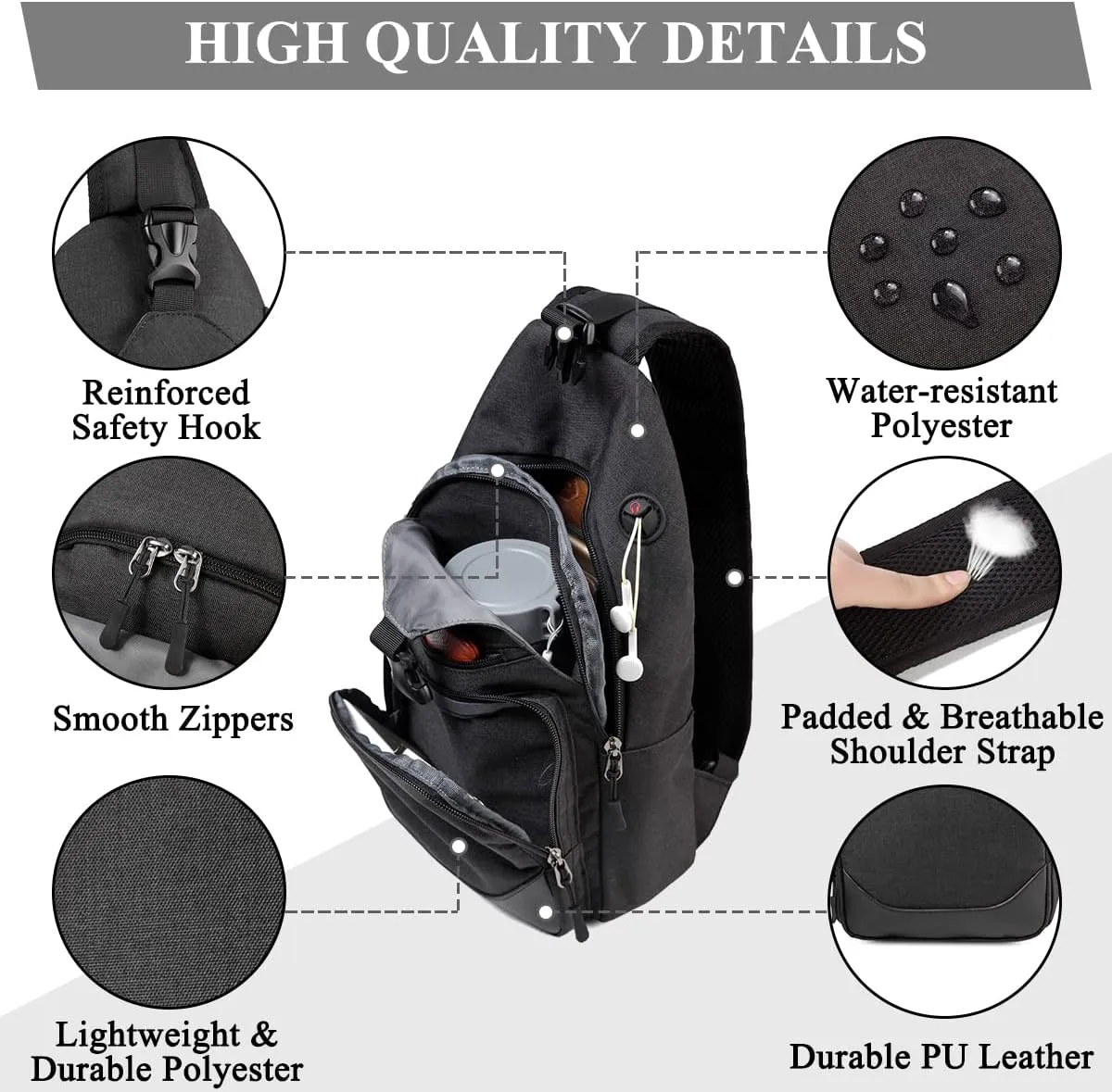 VASCHY Sling Bag for Men Women, One Strap Over the Shoulder Cross Body Backpack Chest Bag for Hiking/Travel/Outdoor