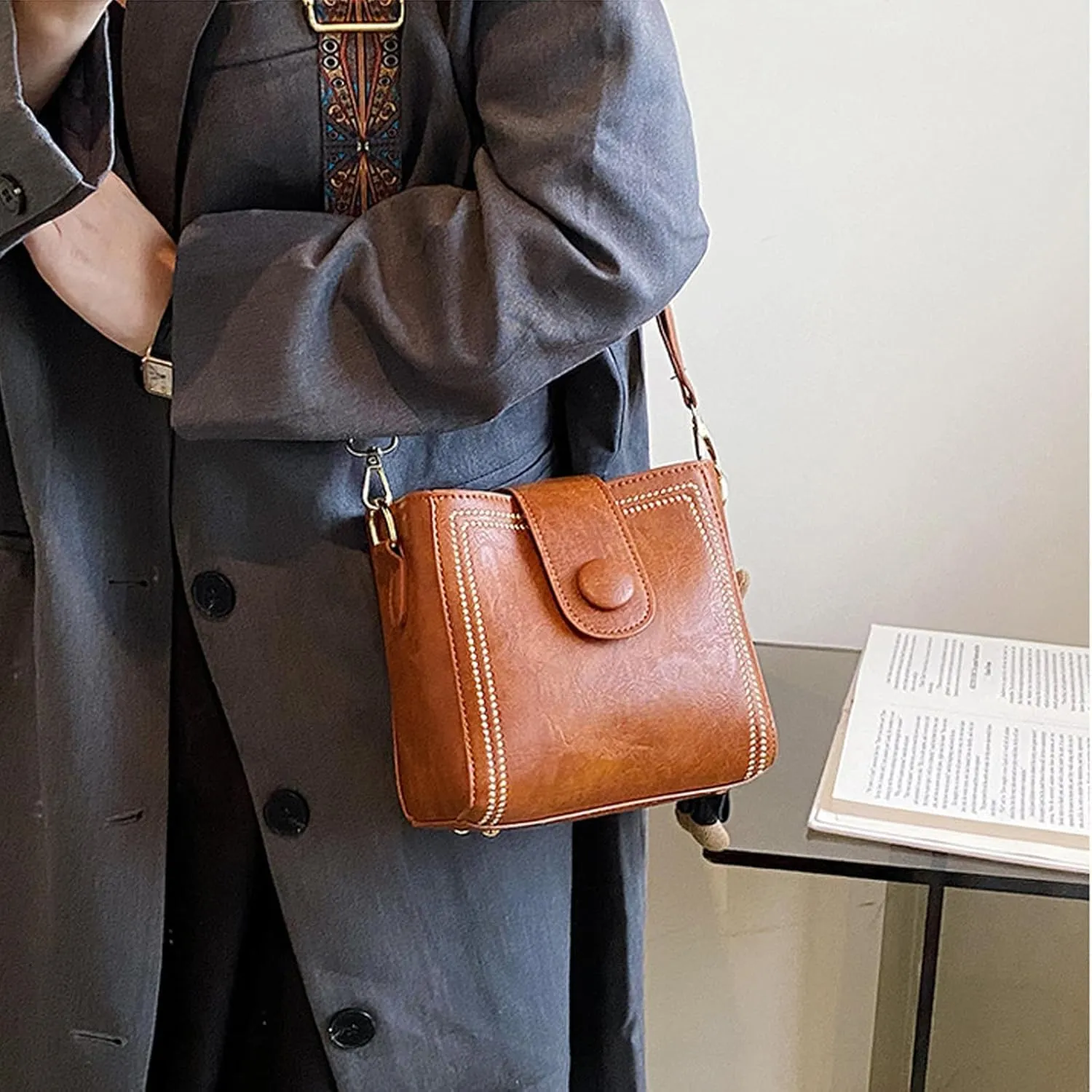 Vintage Fashion Bag With Adjustable Wider Shoulder Strap, Vintage Retro Small Water Bucket Bag