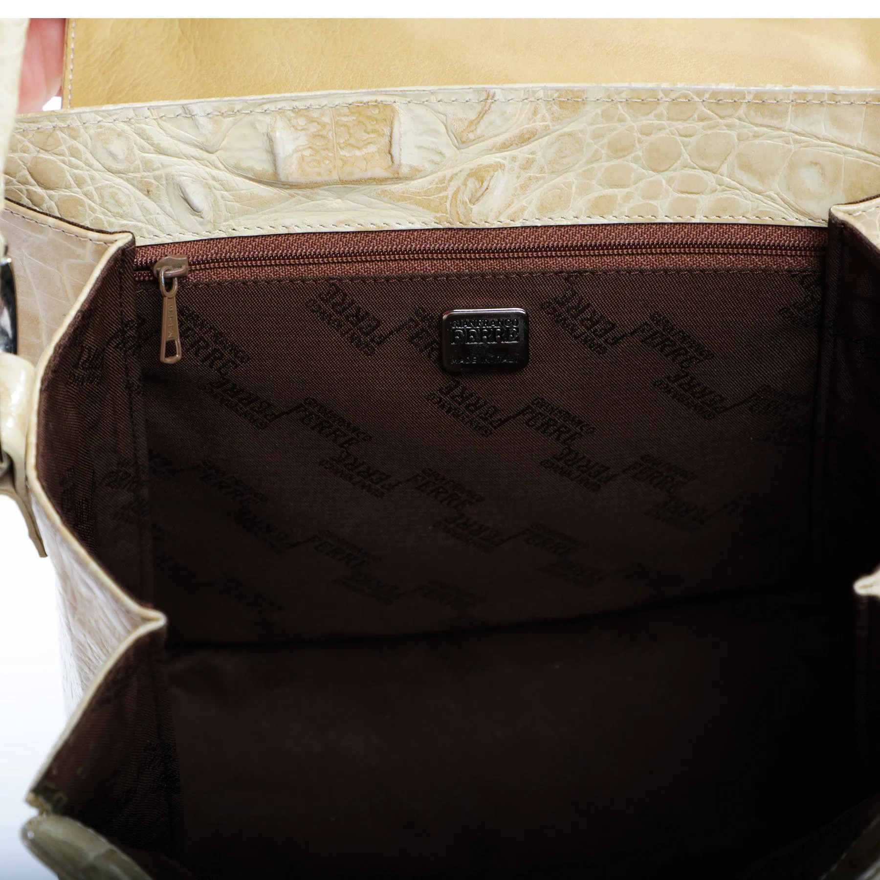 Vintage Gianfranco Ferre 90s Croc Embossed Structured Top Handle Leather Shoulder Bag